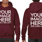 Man wearing a Burgundy Hoodie, displaying the front and back side, showing a placeholder image indicating that the Custom Hoodie can be customised with own design and image on front and back side.