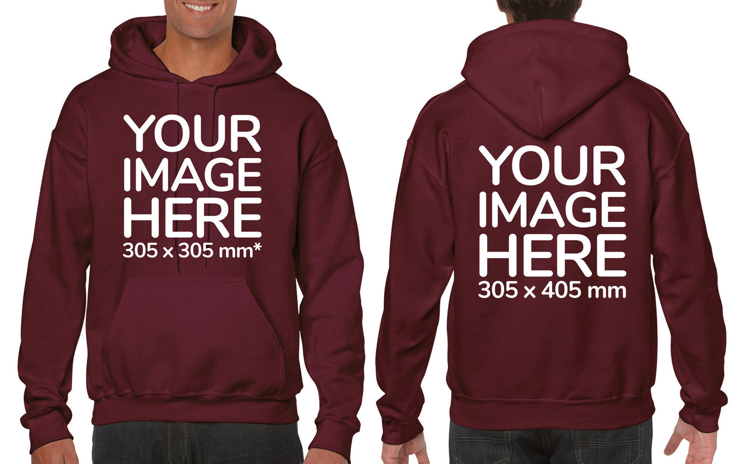 Man wearing a Burgundy Hoodie, displaying the front and back side, showing a placeholder image indicating that the Custom Hoodie can be customised with own design and image on front and back side.
