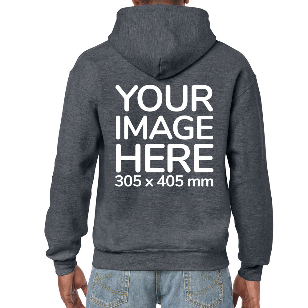 Man wearing a DarkGray Hoodie, displaying the back side, showing a placeholder image indicating that the Custom Hoodie can be customised with own design and image on back side.