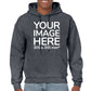 Man wearing a DarkGray Hoodie, displaying the front side, showing a placeholder image indicating that the Custom Hoodie can be customised with own design and image on front side.