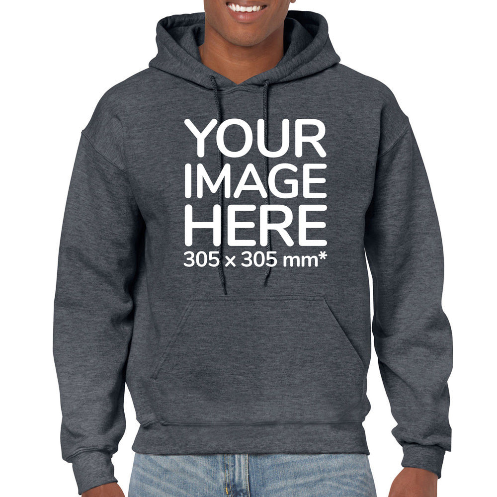 Man wearing a DarkGray Hoodie, displaying the front side, showing a placeholder image indicating that the Custom Hoodie can be customised with own design and image on front side.