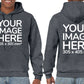 Man wearing a Dark Gray Hoodie, displaying the front and back side, showing a placeholder image indicating that the Custom Hoodie can be customised with own design and image on front and back side.