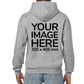 Man wearing a Light Gray Hoodie, displaying the back side, showing a placeholder image indicating that the Custom Hoodie can be customised with own design and image on back side.