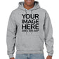 Man wearing a Light Gray Hoodie, displaying the front side, showing a placeholder image indicating that the Custom Hoodie can be customised with own design and image on front side.