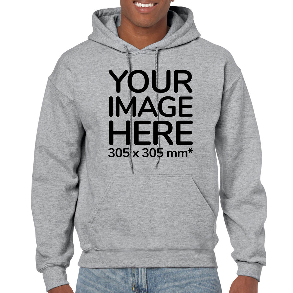 Man wearing a Light Gray Hoodie, displaying the front side, showing a placeholder image indicating that the Custom Hoodie can be customised with own design and image on front side.