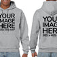 Man wearing a Light Gray Hoodie, displaying the front and back side, showing a placeholder image indicating that the Custom Hoodie can be customised with own design and image on front and back side.