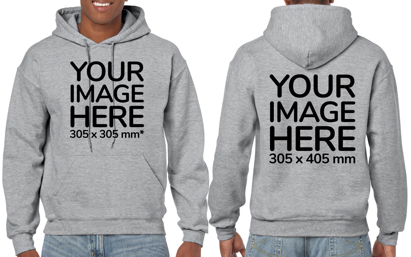 Man wearing a Light Gray Hoodie, displaying the front and back side, showing a placeholder image indicating that the Custom Hoodie can be customised with own design and image on front and back side.