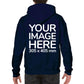 Man wearing a Navy Blue Hoodie, displaying the back side, showing a placeholder image indicating that the Custom Hoodie can be customised with own design and image on back side.