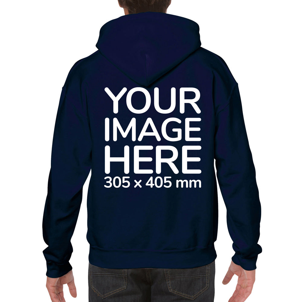 Man wearing a Navy Blue Hoodie, displaying the back side, showing a placeholder image indicating that the Custom Hoodie can be customised with own design and image on back side.