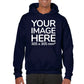 Man wearing a Navy Blue Hoodie, displaying the front side, showing a placeholder image indicating that the Custom Hoodie can be customised with own design and image on front side.