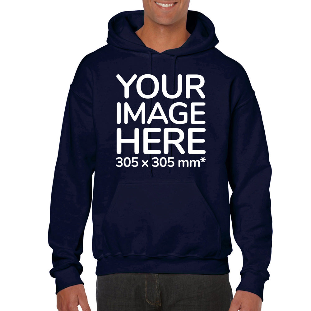 Man wearing a Navy Blue Hoodie, displaying the front side, showing a placeholder image indicating that the Custom Hoodie can be customised with own design and image on front side.