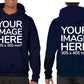 Man wearing a Navy Blue Hoodie, displaying the front and back side, showing a placeholder image indicating that the Custom Hoodie can be customised with own design and image on front and back side.