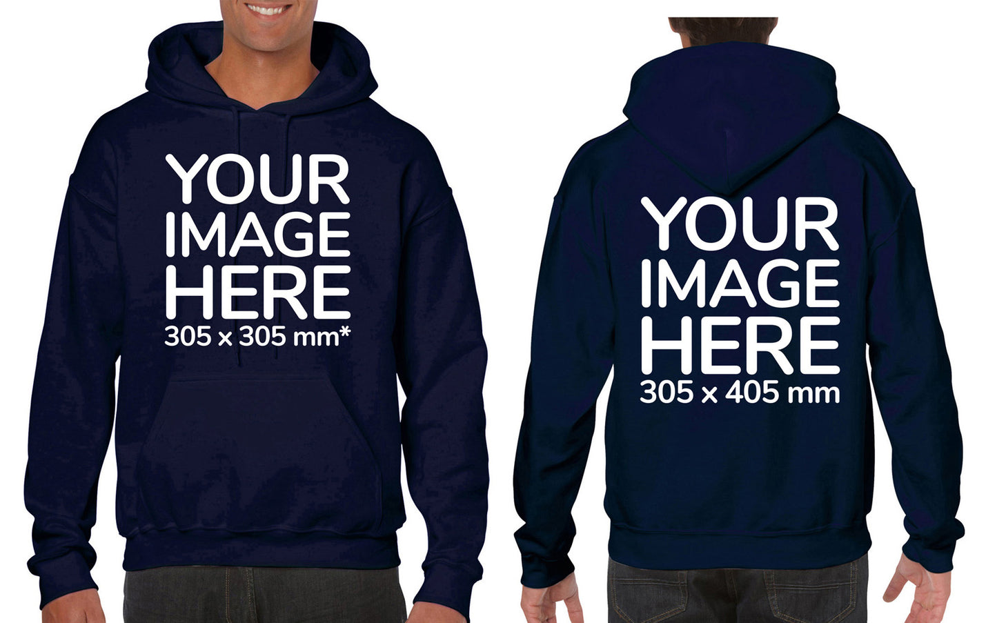 Man wearing a Navy Blue Hoodie, displaying the front and back side, showing a placeholder image indicating that the Custom Hoodie can be customised with own design and image on front and back side.