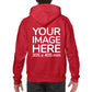 Man wearing a Red Hoodie, displaying the back side, showing a placeholder image indicating that the Custom Hoodie can be customised with own design and image on back side.