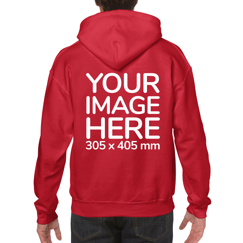 Man wearing a Red Hoodie, displaying the back side, showing a placeholder image indicating that the Custom Hoodie can be customised with own design and image on back side.