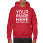 Man wearing a red Hoodie, displaying the front side, showing a placeholder image indicating that the Custom Hoodie can be customised with own design and image on front side.
