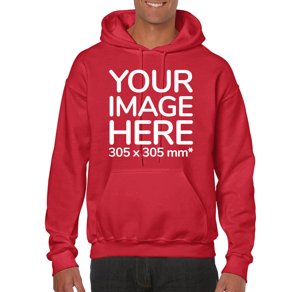 Man wearing a red Hoodie, displaying the front side, showing a placeholder image indicating that the Custom Hoodie can be customised with own design and image on front side.