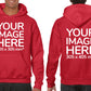 Man wearing a Red Hoodie, displaying the front and back side, showing a placeholder image indicating that the Custom Hoodie can be customised with own design and image on front and back side.