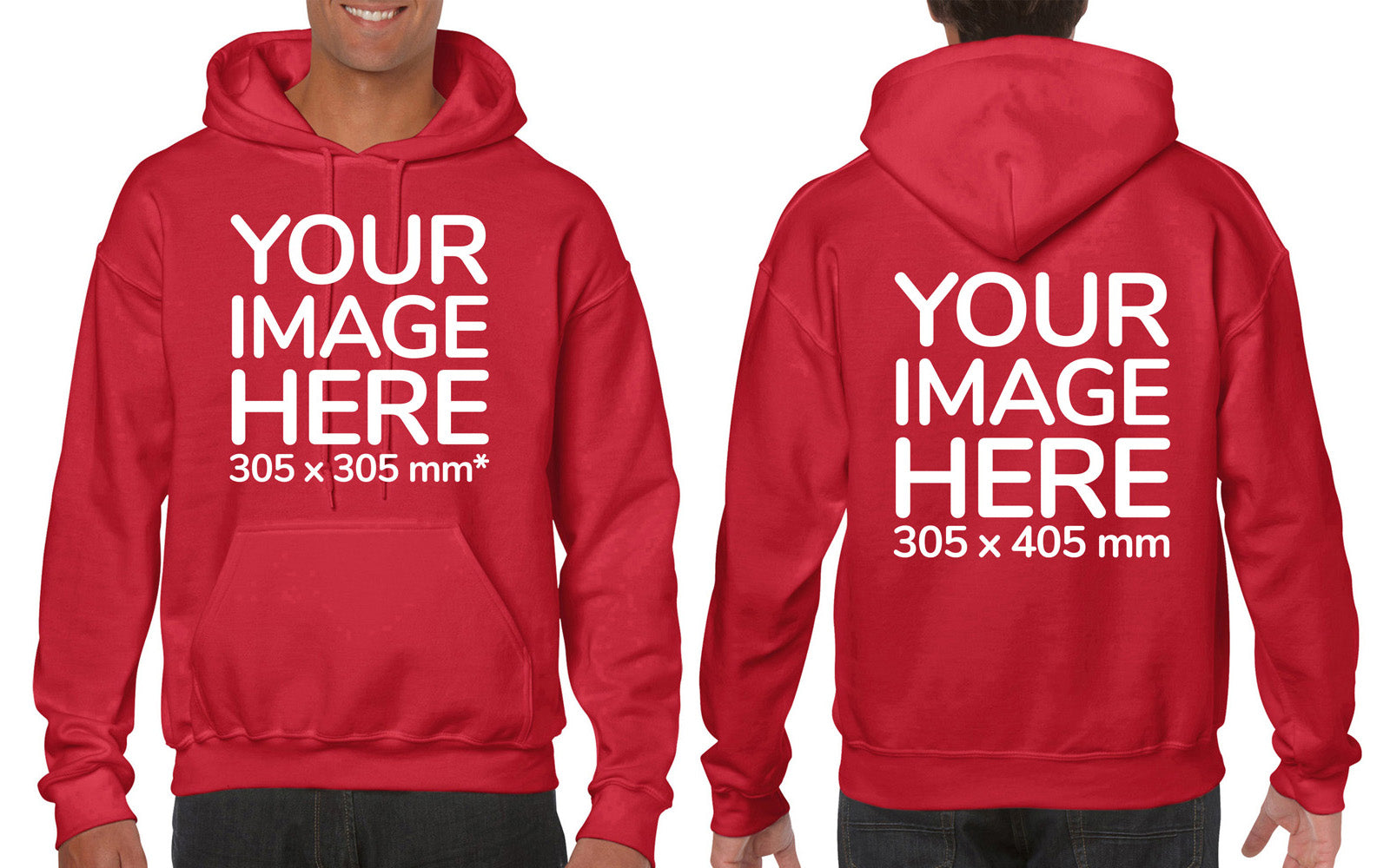 Man wearing a Red Hoodie, displaying the front and back side, showing a placeholder image indicating that the Custom Hoodie can be customised with own design and image on front and back side.
