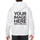 Man wearing a White Hoodie, displaying the back side, showing a placeholder image indicating that the Custom Hoodie can be customised with own design and image on back side.