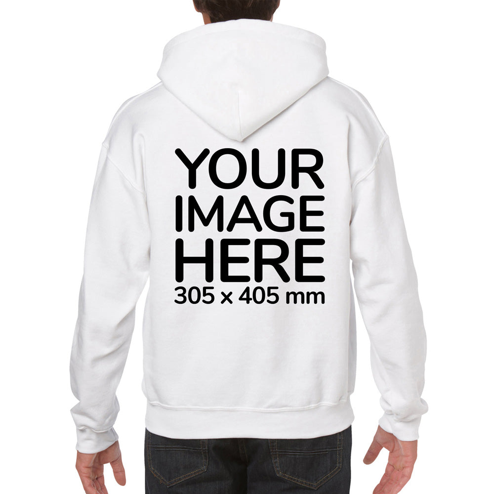 Man wearing a White Hoodie, displaying the back side, showing a placeholder image indicating that the Custom Hoodie can be customised with own design and image on back side.