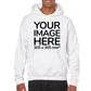 Man wearing a White Hoodie, displaying the front side, showing a placeholder image indicating that the Custom Hoodie can be customised with own design and image on front side.