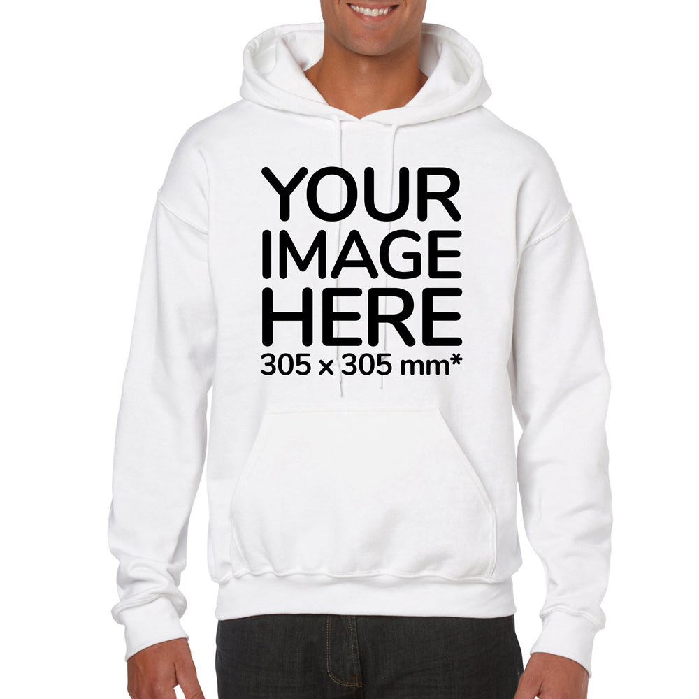 Man wearing a White Hoodie, displaying the front side, showing a placeholder image indicating that the Custom Hoodie can be customised with own design and image on front side.