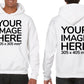 Man wearing a White Hoodie, displaying the front and back side, showing a placeholder image indicating that the Custom Hoodie can be customised with own design and image on front and back side.