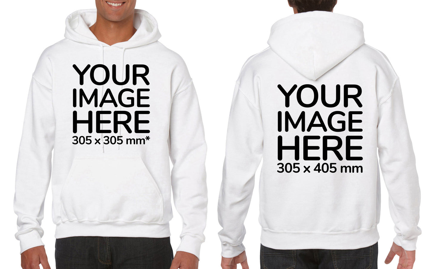 Man wearing a White Hoodie, displaying the front and back side, showing a placeholder image indicating that the Custom Hoodie can be customised with own design and image on front and back side.