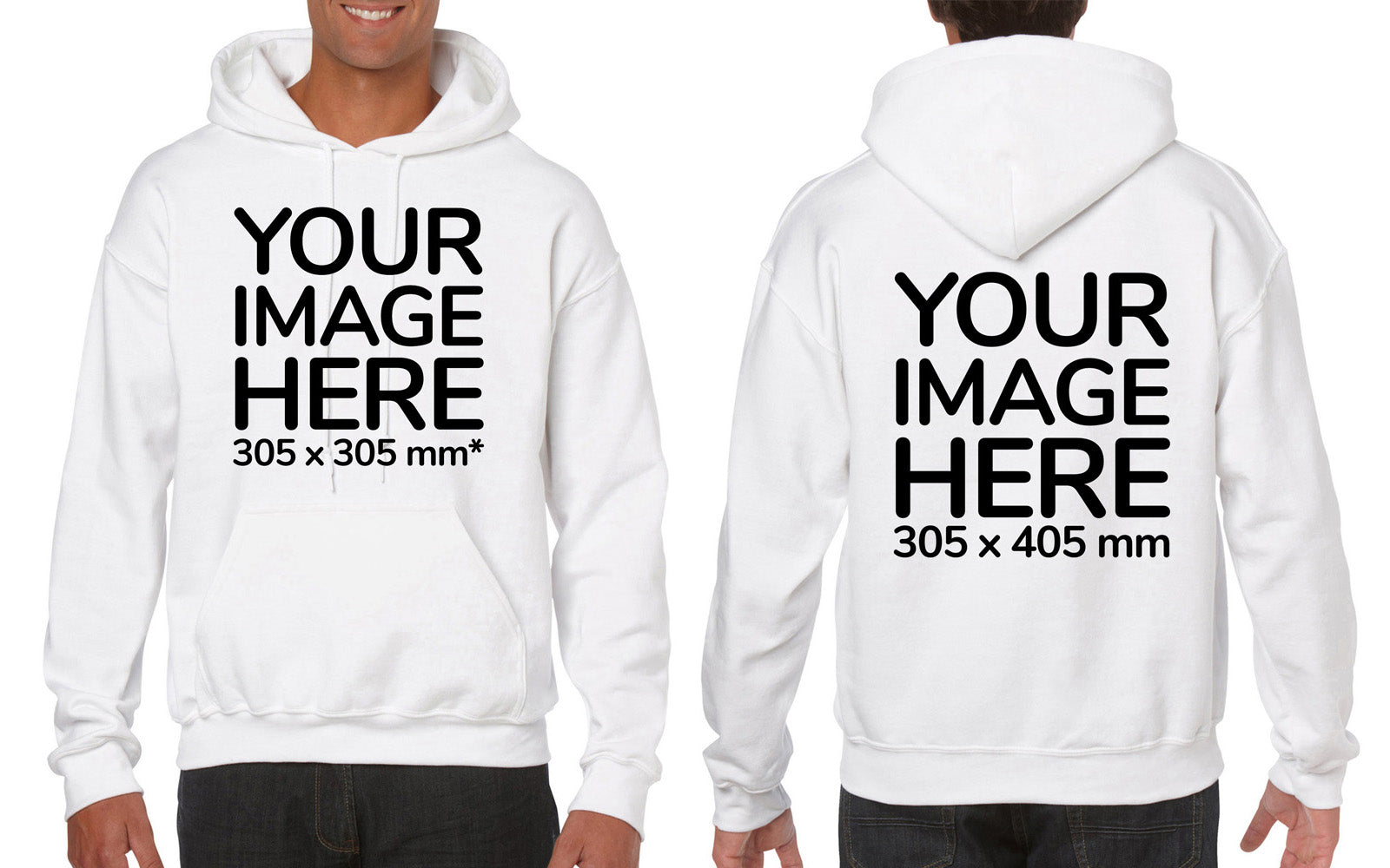 Man wearing a White Hoodie, displaying the front and back side, showing a placeholder image indicating that the Custom Hoodie can be customised with own design and image on front and back side.