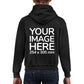 Kid wearing a Black Hoodie, displaying the back, showing a placeholder image indicating that the Custom Hoodie can be customised with own design and image on back side.