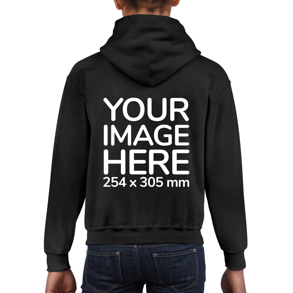 Kid wearing a Black Hoodie, displaying the back, showing a placeholder image indicating that the Custom Hoodie can be customised with own design and image on back side.