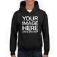 Boy wearing a Black Hoodie, displaying the front, showing a placeholder image indicating that the Custom Hoodie can be customised with own design and image on front side.
