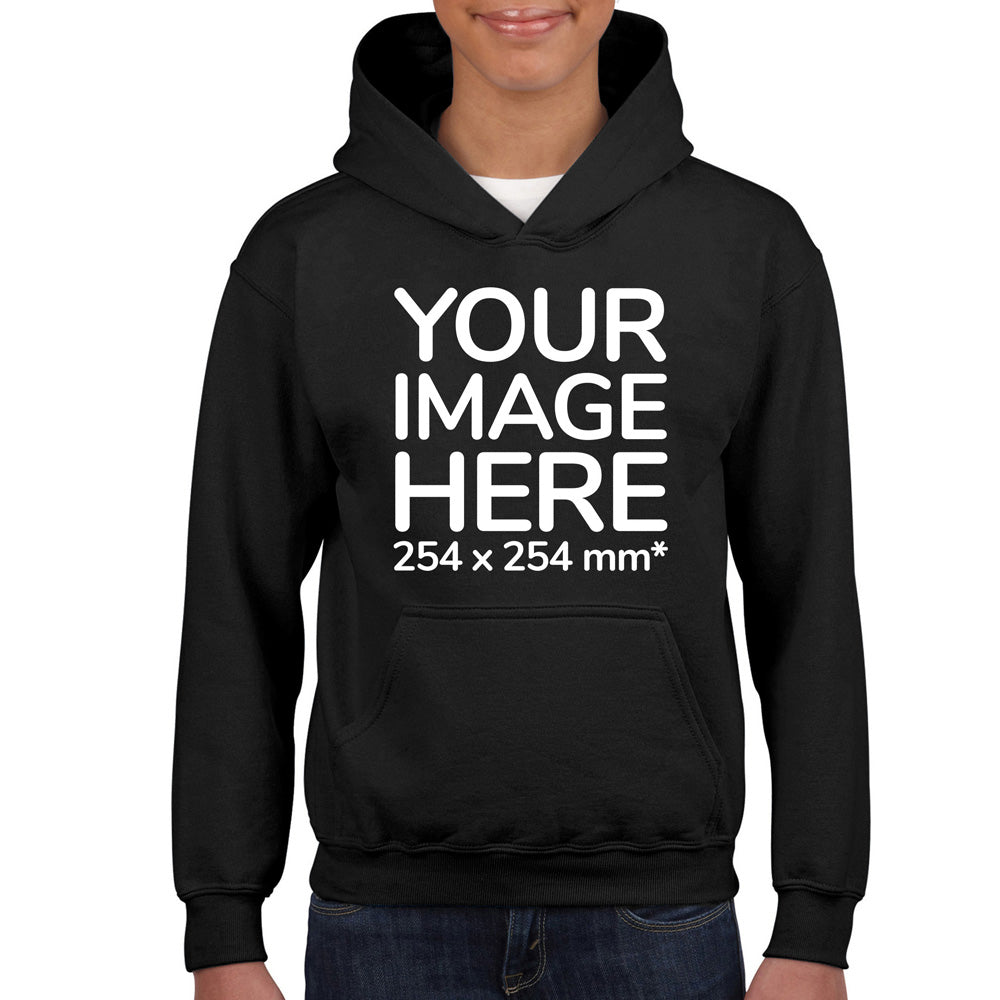 Boy wearing a Black Hoodie, displaying the front, showing a placeholder image indicating that the Custom Hoodie can be customised with own design and image on front side.
