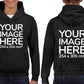 Kid wearing a Black Hoodie, displaying the front and back, showing a placeholder image indicating that the Custom Hoodie can be customised with own design and image on front and back side.