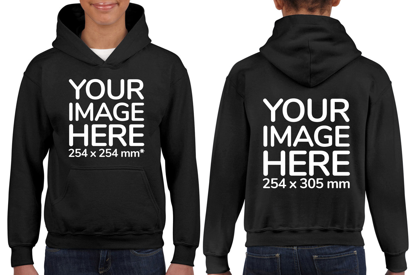 Kid wearing a Black Hoodie, displaying the front and back, showing a placeholder image indicating that the Custom Hoodie can be customised with own design and image on front and back side.