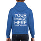Kid wearing a Blue Hoodie, displaying the back, showing a placeholder image indicating that the Custom Hoodie can be customised with own design and image on back side.