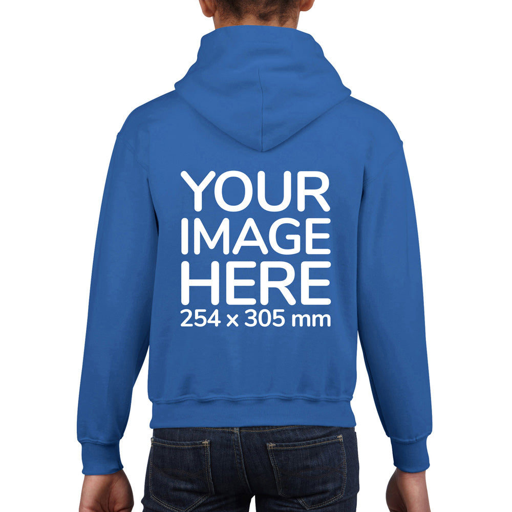 Kid wearing a Blue Hoodie, displaying the back, showing a placeholder image indicating that the Custom Hoodie can be customised with own design and image on back side.