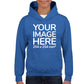 Kid wearing a Blue Hoodie, displaying the front, showing a placeholder image indicating that the Custom Hoodie can be customised with own design and image on front side.