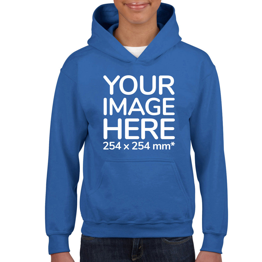 Kid wearing a Blue Hoodie, displaying the front, showing a placeholder image indicating that the Custom Hoodie can be customised with own design and image on front side.