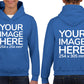 Kid wearing a Blue Hoodie, displaying the front and back, showing a placeholder image indicating that the Custom Hoodie can be customised with own design and image on front and back side.