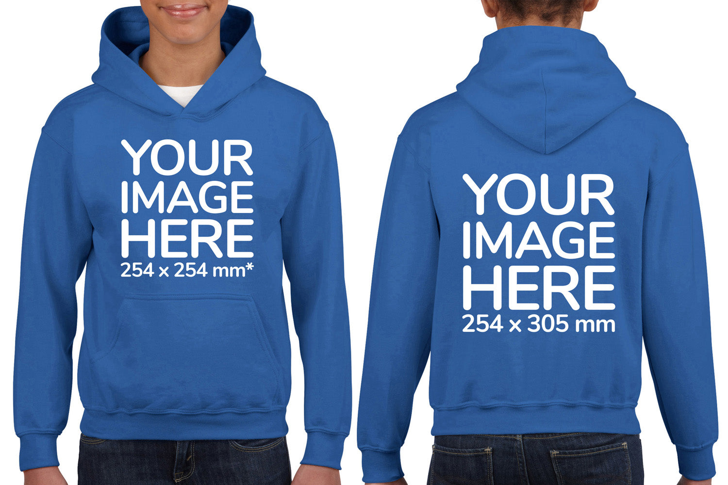 Kid wearing a Blue Hoodie, displaying the front and back, showing a placeholder image indicating that the Custom Hoodie can be customised with own design and image on front and back side.