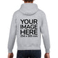 Kid wearing a Light Gray Hoodie, displaying the back, showing a placeholder image indicating that the Custom Hoodie can be customised with own design and image on back side.