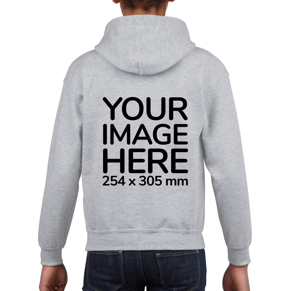 Kid wearing a Light Gray Hoodie, displaying the back, showing a placeholder image indicating that the Custom Hoodie can be customised with own design and image on back side.