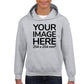 Kid wearing a Light Gray Hoodie, displaying the front, showing a placeholder image indicating that the Custom Hoodie can be customised with own design and image on front side.