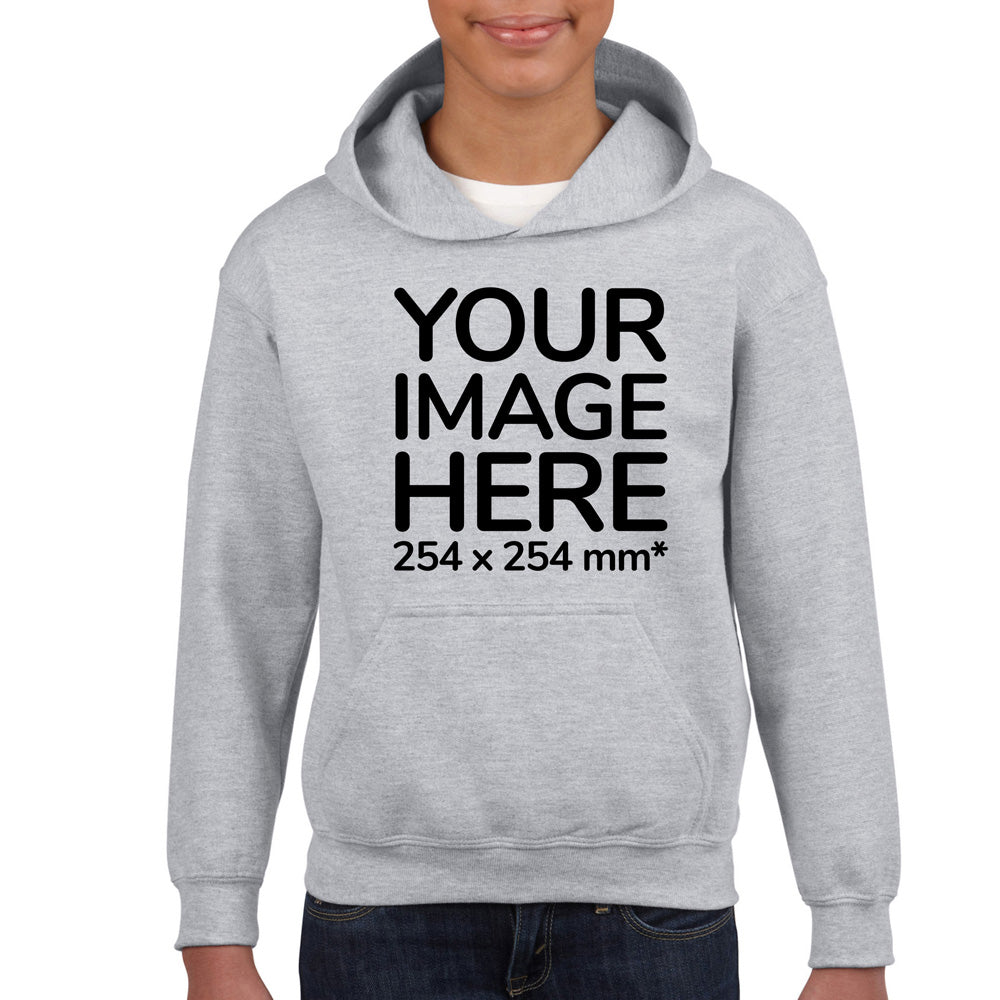 Kid wearing a Light Gray Hoodie, displaying the front, showing a placeholder image indicating that the Custom Hoodie can be customised with own design and image on front side.