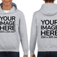 Kid wearing a LightGray Hoodie, displaying the front and back, showing a placeholder image indicating that the Custom Hoodie can be customised with own design and image on front and back side.