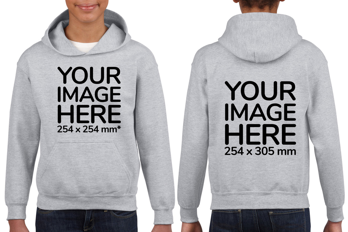 Kid wearing a LightGray Hoodie, displaying the front and back, showing a placeholder image indicating that the Custom Hoodie can be customised with own design and image on front and back side.