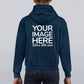 Kid wearing a Navy Blue Hoodie, displaying the back, showing a placeholder image indicating that the Custom Hoodie can be customised with own design and image on back side.