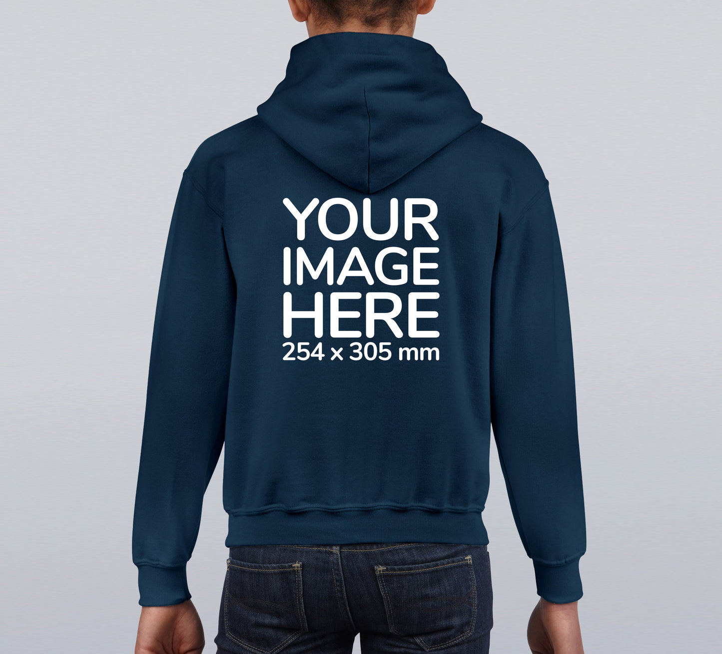 Kid wearing a Navy Blue Hoodie, displaying the back, showing a placeholder image indicating that the Custom Hoodie can be customised with own design and image on back side.